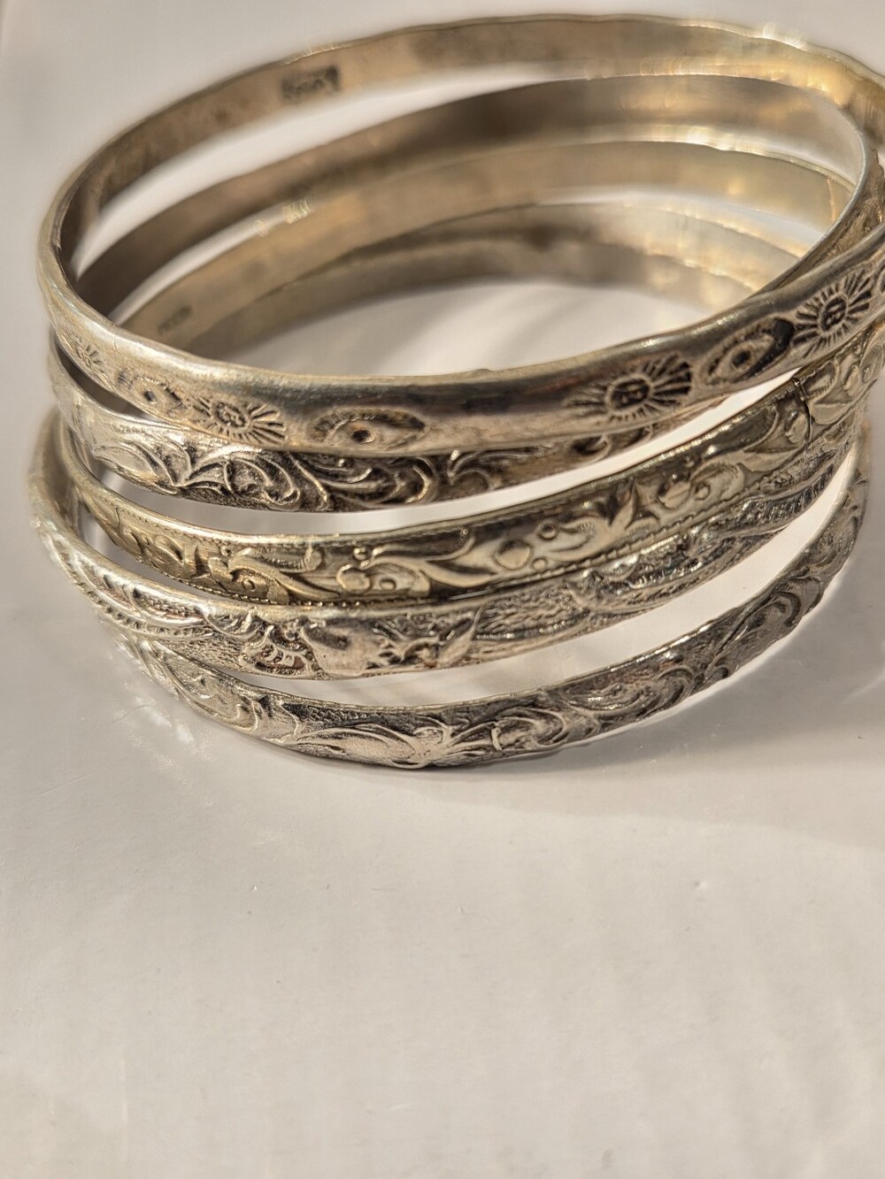 Intricate Floral Engraved Sterling Silver Bangle Bracelet Set